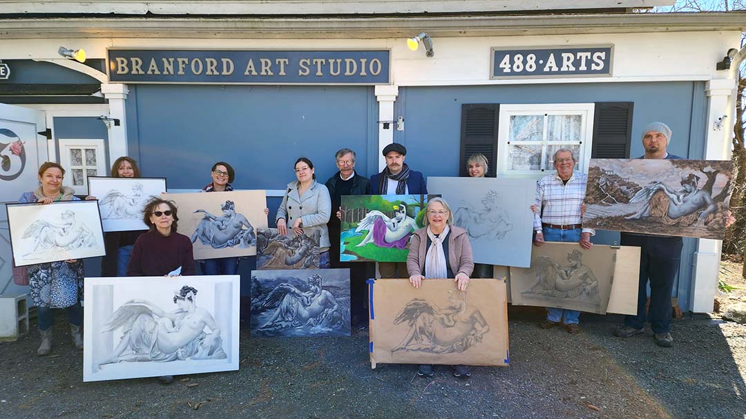 Branford Art Studio students show off their Leda and the Swan paintings